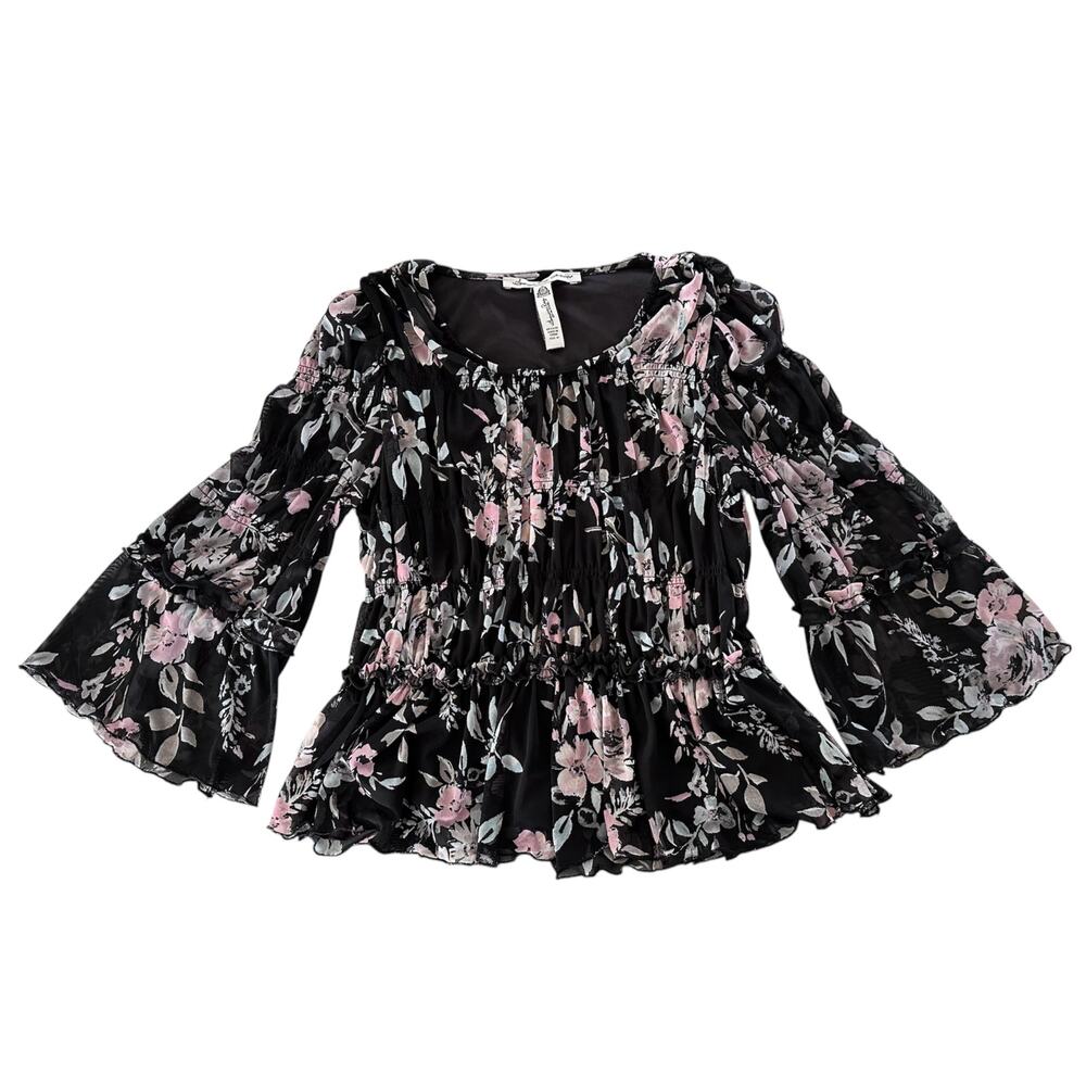 Ruched black floral blouse peasant boho bohemian chic bell sleeve S M top flowy